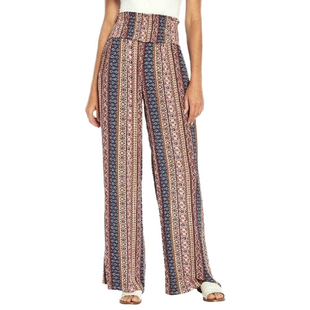 Three Dots Ladies Wide Leg Print Bohemian Pants Womens Medium Relaxed Fit